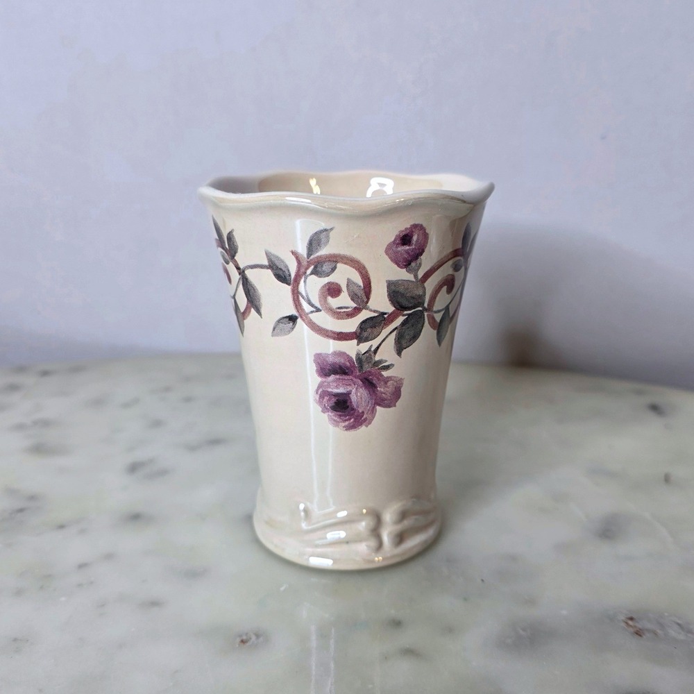 Croscill China Floral Rose Ceramic Toothbrush Tumbler Cup Beige Cassis Chambord